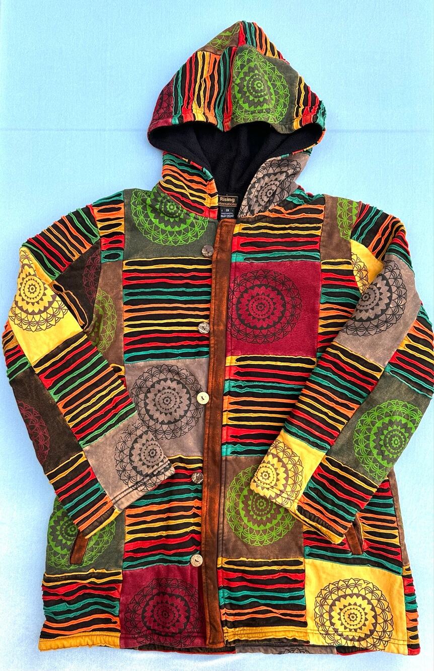 Rising International Patchwork Jacket Hoodie 1X Mandala Boho Hippie Nepal Fleece